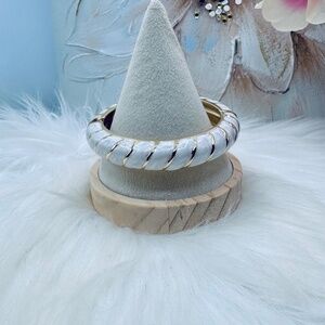 Ivory Beige with Gold Stripe Design Thick Enamel Bangle Bracelet